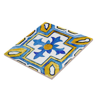 Mediterranean Cross Blue Yellow Watercolor Paint Ceramic Tile