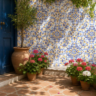 Mediterranean Crown Elegant Blue and Gold Floral Ceramic Tile