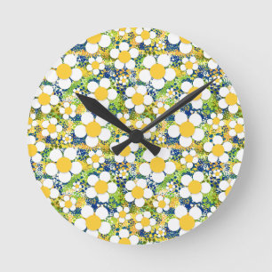 Mediterranean Daisy Blue Yellow and White Round Clock