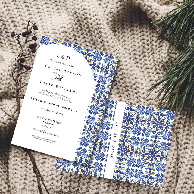 Mediterranean Elegant Blue and Yellow Wedding  Invitation (Creator Uploaded)
