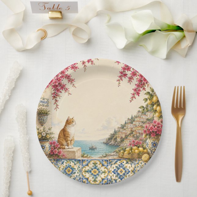 Mediterranean Escape Cat  | Coastal Party Decor Paper Plate (Wedding)