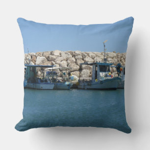 Mediterranean Fishing Boats in Blue Sea Design Cushion