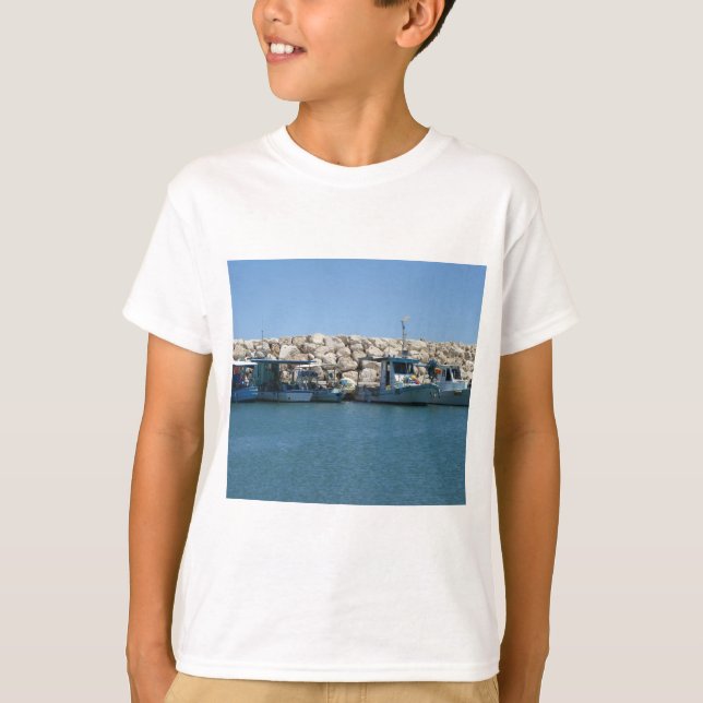 Mediterranean Fishing Boats in Blue Sea Design T-Shirt (Front)