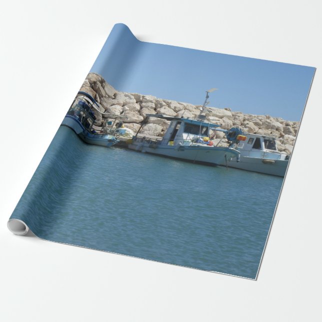 Mediterranean Fishing Boats in Blue Sea Design Wrapping Paper (Unrolled)