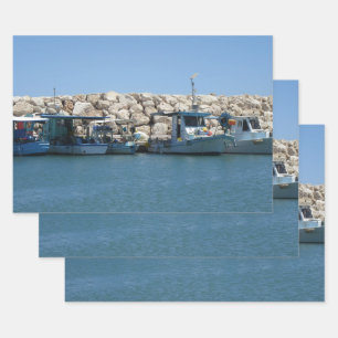 Mediterranean Fishing Boats in Blue Sea Design Wrapping Paper Sheet