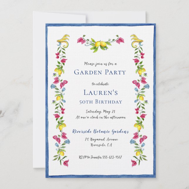 Mediterranean Floral Garden Birthday Party Invitation (Front)