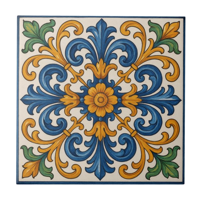 Mediterranean Floral Hand-Painted Style Ceramic Tile (Front)