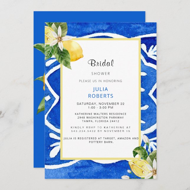 Mediterranean Floral & Lemon Bridal Shower Invitation (Front/Back)