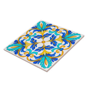 Mediterranean Floral Style Ceramic Tile. Tile