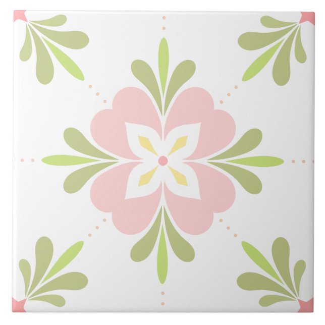 Mediterranean Flower Pink & Sage  Ceramic Tile (Front)