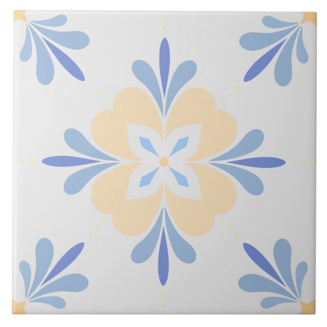 Mediterranean Flower Salmon & Blue Ceramic Tile (Front)