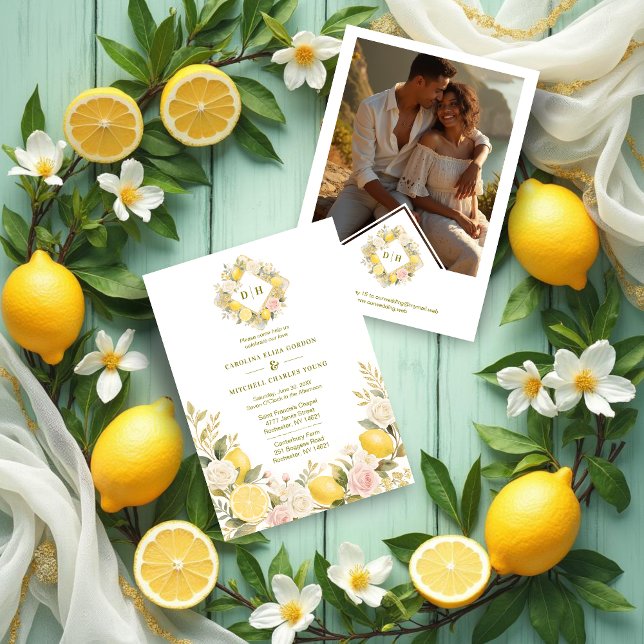Mediterranean Flowers and Lemons Wedding Photo Invitation (Mediterranean Flowers and Lemons Wedding Initials Invitations Cards with Back Photo.)
