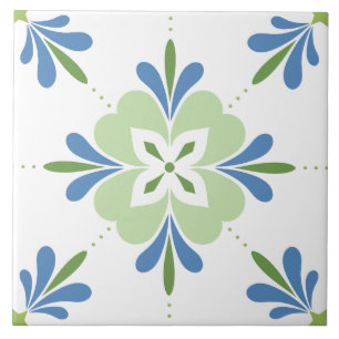 Mediterranean Flowers Blue & Green Ceramic Tile