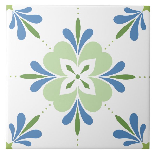 Mediterranean Flowers Blue & Green Ceramic Tile (Front)