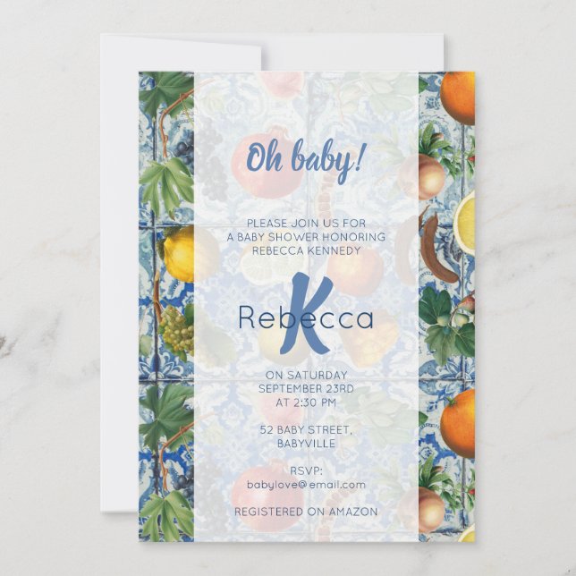 Mediterranean Fruit Blue White Mosaic Baby Shower Invitation (Front)