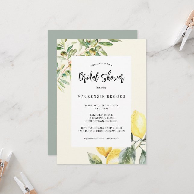 Mediterranean Garden Elegant Lemon Bridal Shower Invitation (Front/Back In Situ)