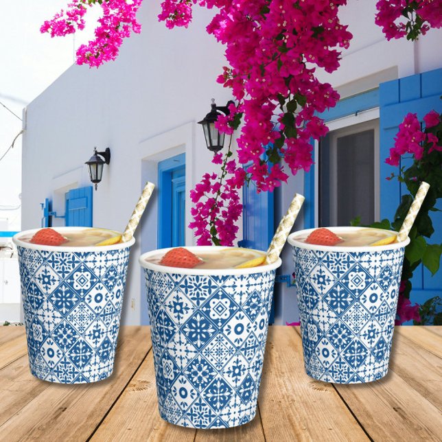 Mediterranean greek Blue tile baby shower Paper Cups (Creator Uploaded)