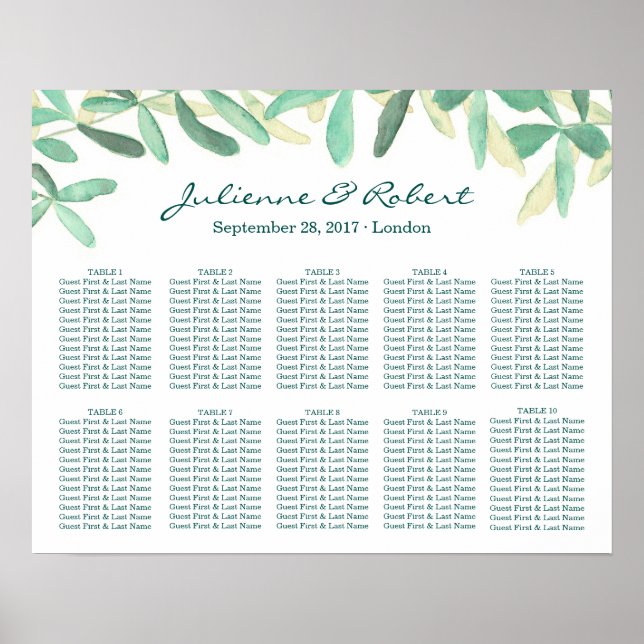 Mediterranean Greenery Wedding Seating Chart (Front)