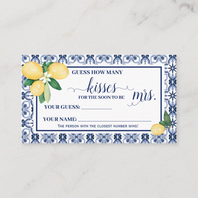 Mediterranean How Many Kisses for Soon Mrs Game Place Card (Front)
