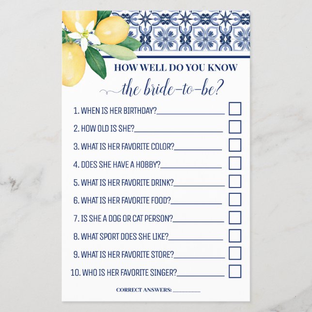 Mediterranean How well do you know Bride Game Card (Front)
