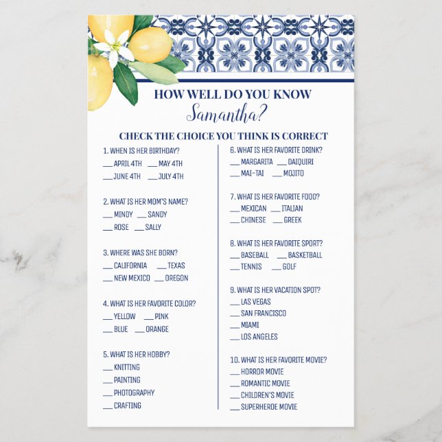 Mediterranean How well do you know Bride Game Card (Front)