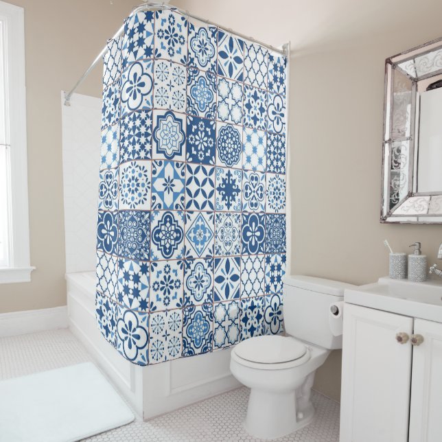 Mediterranean Indigo Blue Azulejo Mosaic Tiles Shower Curtain (In Situ)