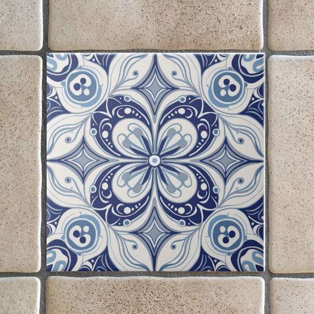 Mediterranean Inspiration Blue Bloom Geometric Ceramic Tile (Creator Uploaded)
