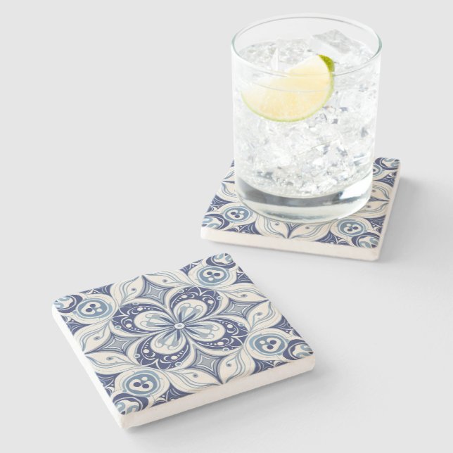 Mediterranean Inspiration Blue Bloom Geometric Stone Coaster (Side)