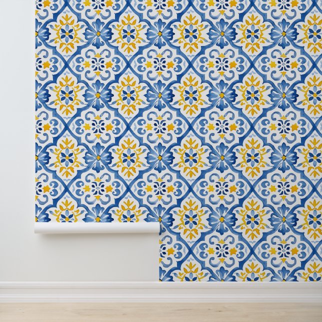 Mediterranean Inspired Blue Yellow Tile Pattern Wallpaper (Application)