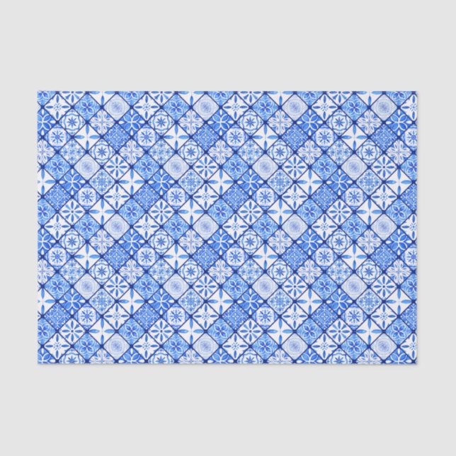Mediterranean Italian Blue And White Tiles Pattern Tissue Paper (Front)