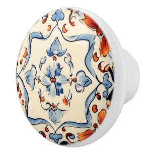 Mediterranean Italian Blue Cream Flower Floral Ceramic Knob