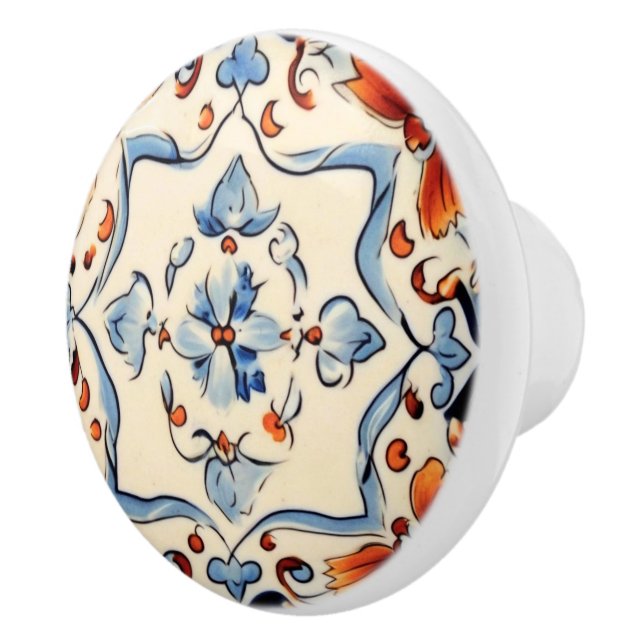 Mediterranean Italian Blue Cream Flower Floral Ceramic Knob (Right)