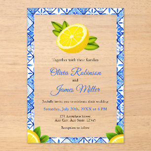 Mediterranean Italian Blue Tile - Lemon Wedding Acrylic Invitations