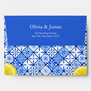 Mediterranean Italian Blue Tile Lemon Wedding Envelope