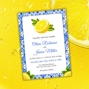 Mediterranean Italian Blue Tile - Lemon Wedding Invitation
