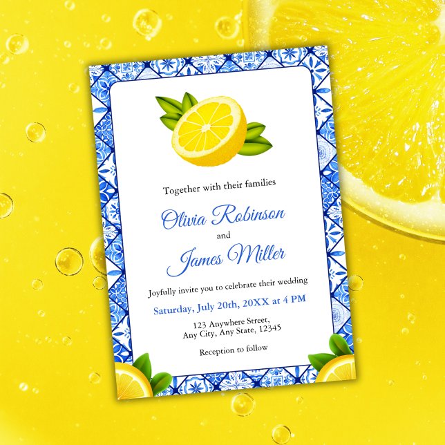 Mediterranean Italian Blue Tile - Lemon Wedding  Invitation (Mediterranean Italian Blue Tile - Lemon Wedding Invitation )