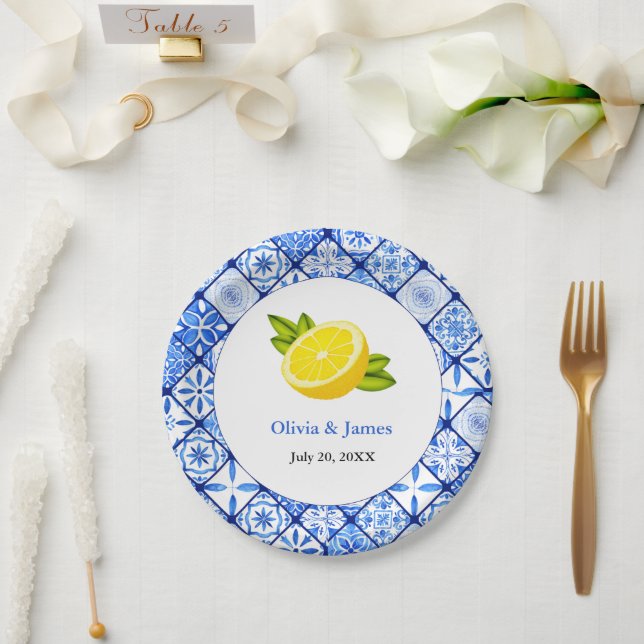 Mediterranean Italian Blue Tile Lemon Wedding Paper Plate (Wedding)