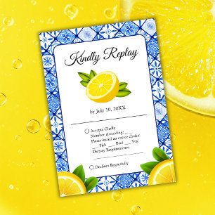 Mediterranean Italian Blue Tile Lemon Wedding RSVP Card