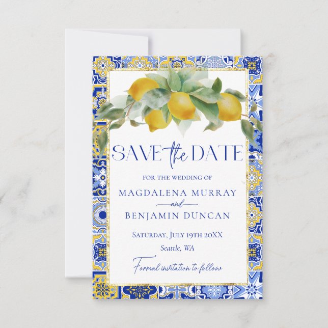 Mediterranean Italian Blue Tile Lemons Wedding Save The Date (Front)