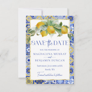 Mediterranean Italian Blue Tile Lemons Wedding Save The Date