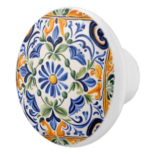 Mediterranean Italian Blue & Yellow Floral Flower Ceramic Knob