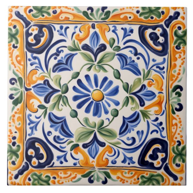 Mediterranean Italian Blue & Yellow Floral Flower Ceramic Tile (Front)