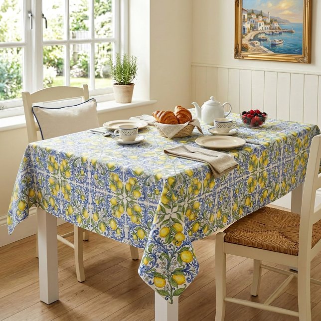 Mediterranean Italian Lemon Blue Tile Pattern Tablecloth (Mediterranean Italian Lemon Blue Tile Pattern Tablecloth )