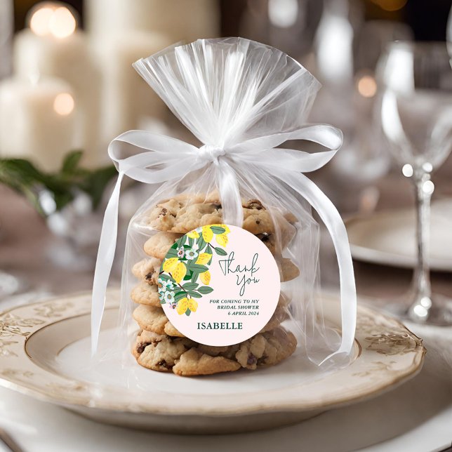 Mediterranean Italian Lemon Pink Bridal Shower Classic Round Sticker (Mediterranean Italian Lemon Pink Bridal Shower Classic Round Sticker)