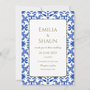 Mediterranean Italian Pattern Blue and White Invitation