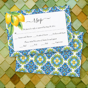 Mediterranean Italian tiles, lemon branch wedding RSVP Card