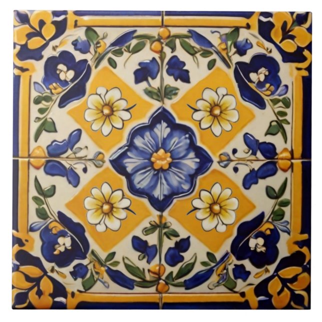 Mediterranean Italian Yellow & Navy Flower Floral Ceramic Tile (Front)