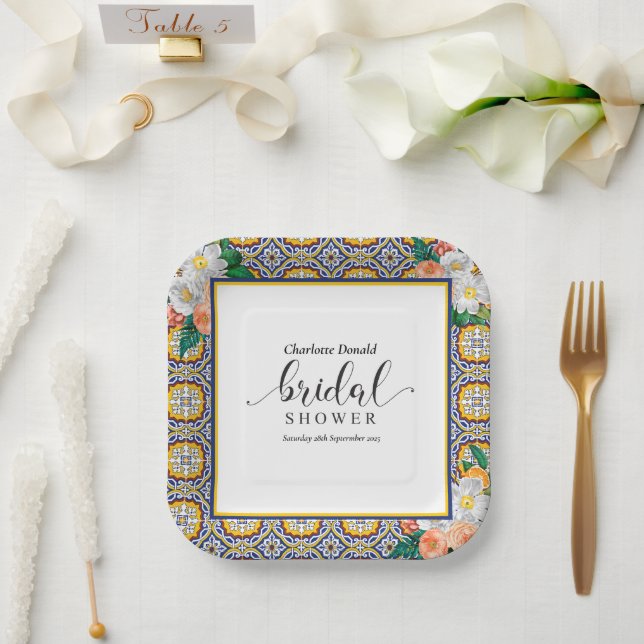 Mediterranean Italy Blue Tiles Bridal Shower  Paper Plate (Wedding)