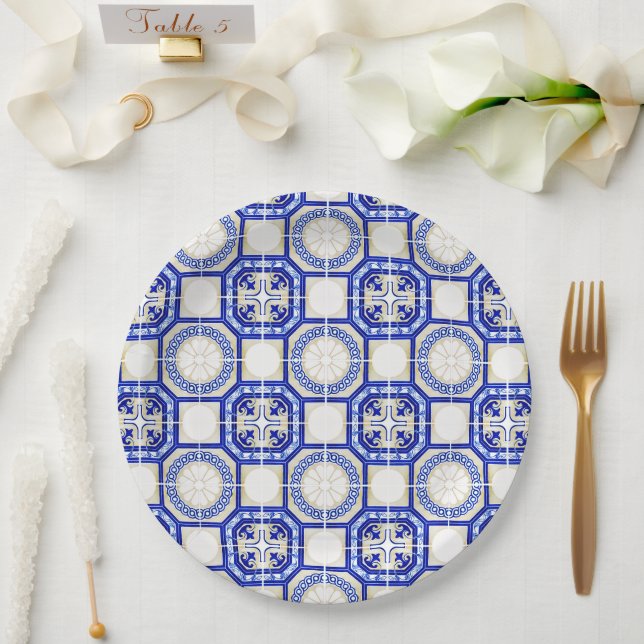 Mediterranean Italy Blue Tiles Bridal Shower  Paper Plate (Wedding)