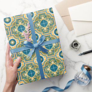 Mediterranean Italy Blue Tiles Bridal Shower  Wrapping Paper